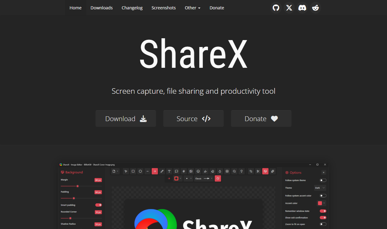 ShareX 공식 사이트 화면