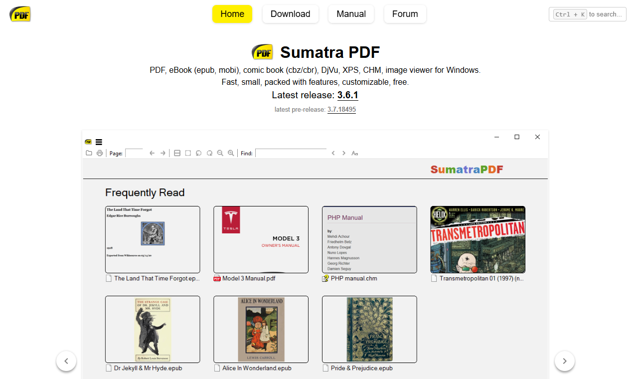 SumatraPDF 공식 사이트 화면