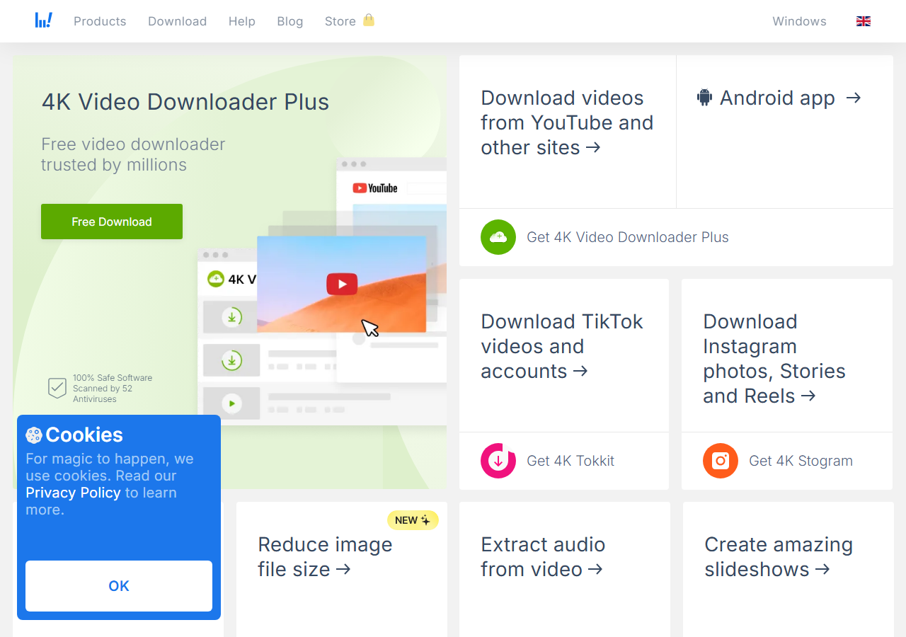 4K Video Downloader 공식 페이지 화면