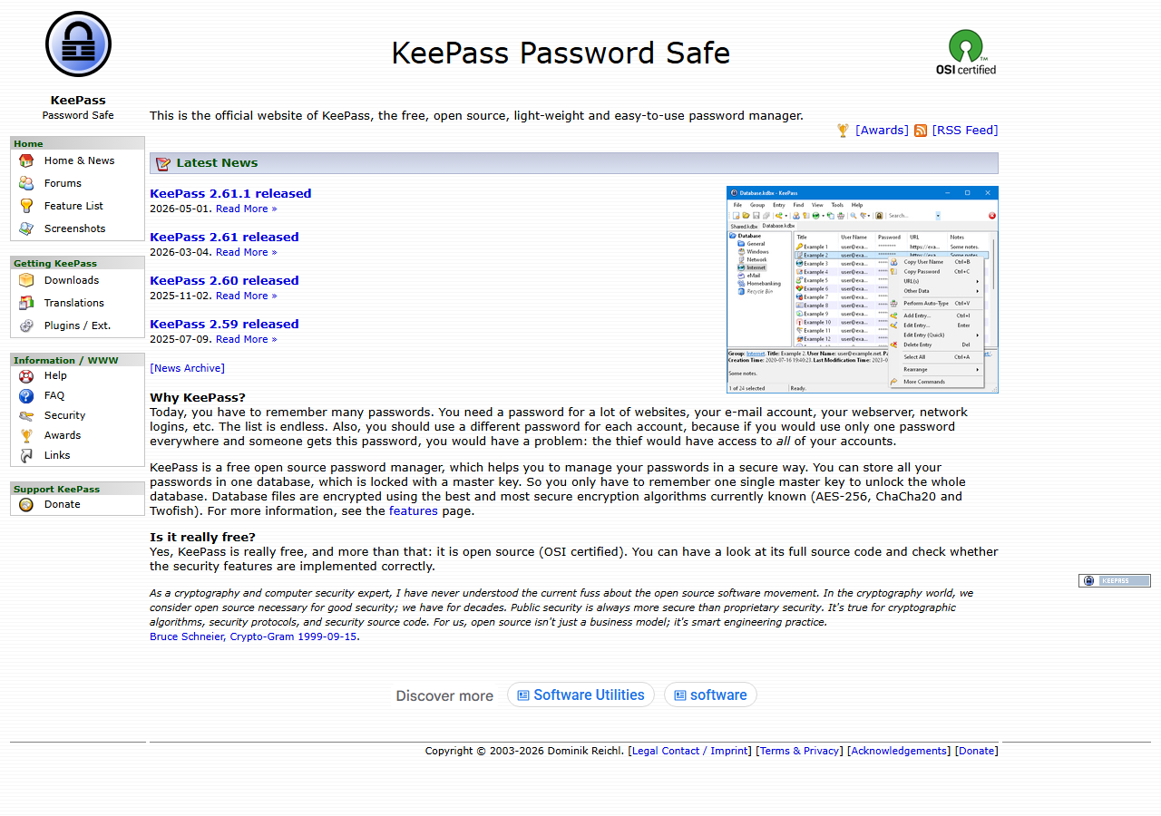 KeePass 공식 페이지 화면